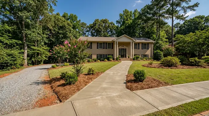 Concrete walkway meeting the driveway apron and front steps at a tan-brick colonial in Sandy Springs, GA, in clear late-morning sun.