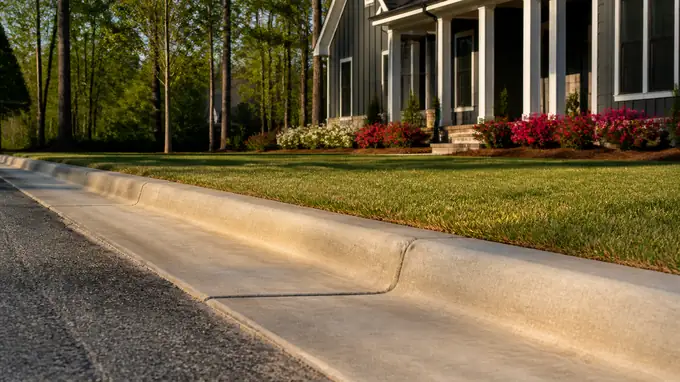 Concrete curb and gutter along a residential street at a charcoal farmhouse-modern home in Sandy Springs, GA, in late afternoon light.