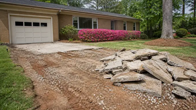 An old patio slab is broken up and hauled away. at a buff-brick ranch home in Sandy Springs, GA, in full afternoon sun.