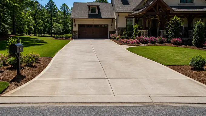 Wide concrete driveway viewed from the street toward the garage at a stacked-stone and stucco home in Sandy Springs, GA, in clear late-morning sun.