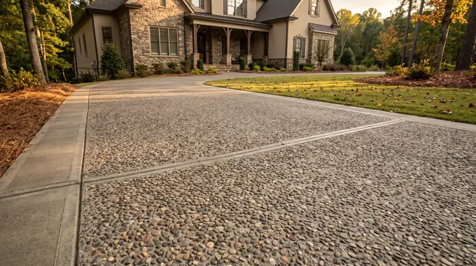 Exposed aggregate concrete driveway showing washed river-rock stone at a stacked-stone and stucco home in Sandy Springs, GA, in late afternoon light.