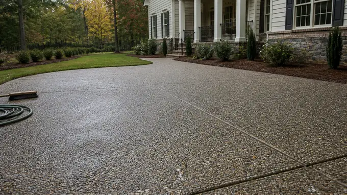 Newly washed exposed aggregate driveway with the stone just revealed at a brick-and-siding two-story home in Sandy Springs, GA, after a rain shower.