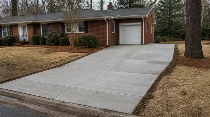Cured driveway swept clean with the forms stripped away at a red-brick ranch home in Sandy Springs, GA, after a rain shower.