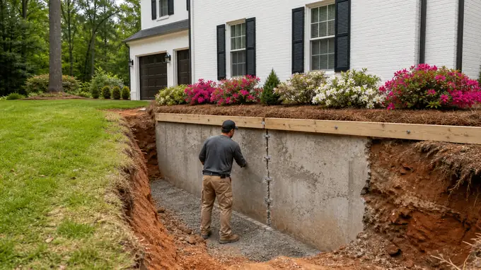 Foundation wall crack being repaired with an injection port at a painted-white-brick two-story home in Sandy Springs, GA, under an overcast sky.