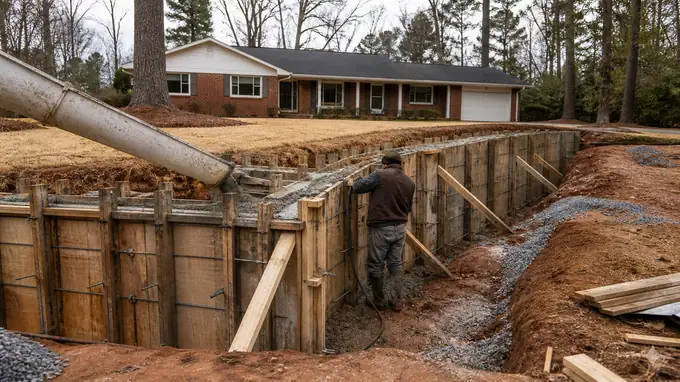 Concrete being poured into foundation wall forms at a red-brick ranch home in Sandy Springs, GA, after a rain shower.