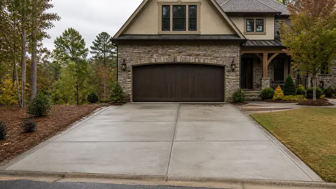 Settled garage approach slab the estimate would price to replace at a stacked-stone and stucco home in Sandy Springs, GA, under an overcast sky.