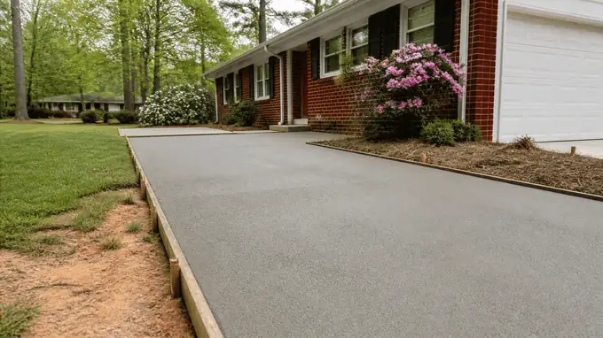 A hand trowel smooths a small patio surface to a hard finish. at a red-brick ranch home in Sandy Springs, GA, under a hazy afternoon sky.
