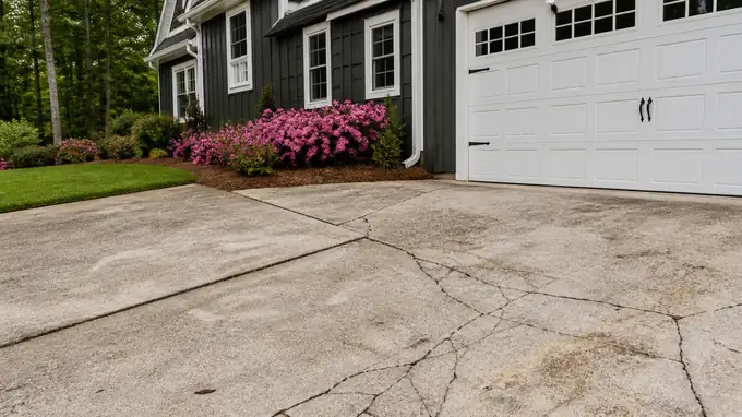 A worker examines an old driveway before replacement. at a charcoal farmhouse-modern home in Sandy Springs, GA, in full afternoon sun.