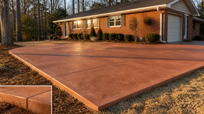 Concrete patio in terracotta integral colour running full depth at a red-brick ranch home in Sandy Springs, GA, in late afternoon light.