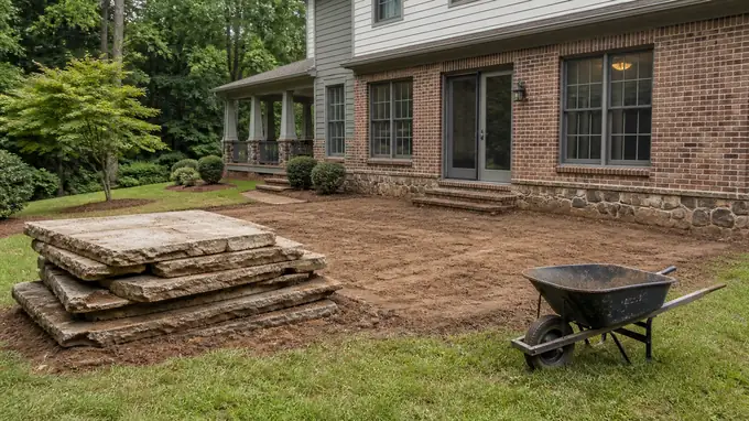 Old patio broken into slabs and stacked ready to be carried out at a brick-and-siding two-story home in Sandy Springs, GA, under an overcast sky.