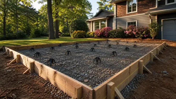 Patio forms squared up with reinforcing mesh on chairs at a grey split-level home in Sandy Springs, GA, in late afternoon light.