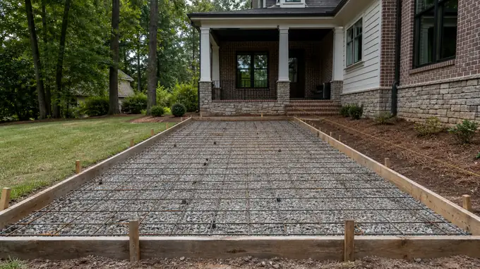 Concrete patio formed and prepped, base and rebar visible before the pour at a brick-and-siding two-story home in Sandy Springs, GA.