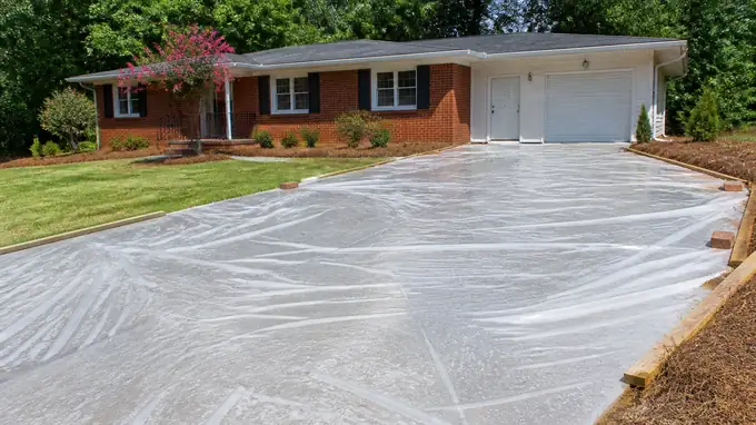 Plastic sheeting covers a curing driveway slab. at a red-brick ranch home in Sandy Springs, GA, in full afternoon sun.