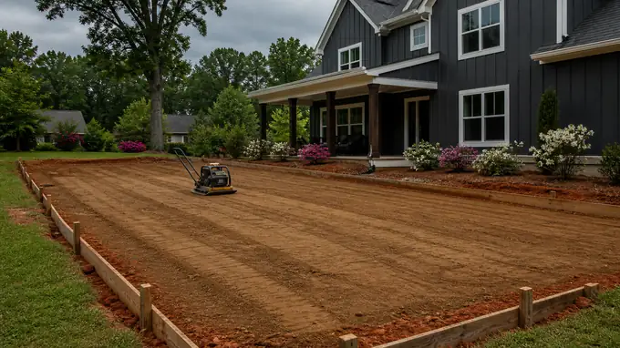 A plate compactor tamps down soil in a small excavated area. at a charcoal farmhouse-modern home in Sandy Springs, GA, under a darkening storm sky.