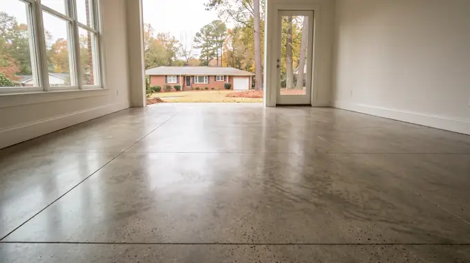 Polished concrete floor with a satin sheen in a finished interior room at a red-brick ranch home in Sandy Springs, GA, under an overcast sky.