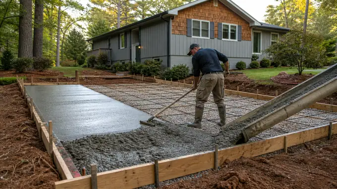 Concrete coming down the chute into formed driveway bays at a grey split-level home in Sandy Springs, GA, in early morning light.