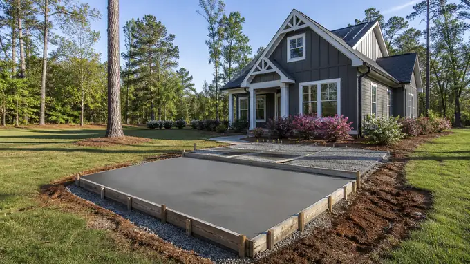 A screed board levels fresh concrete on a small patio. at a charcoal farmhouse-modern home in Sandy Springs, GA, under low winter sun.