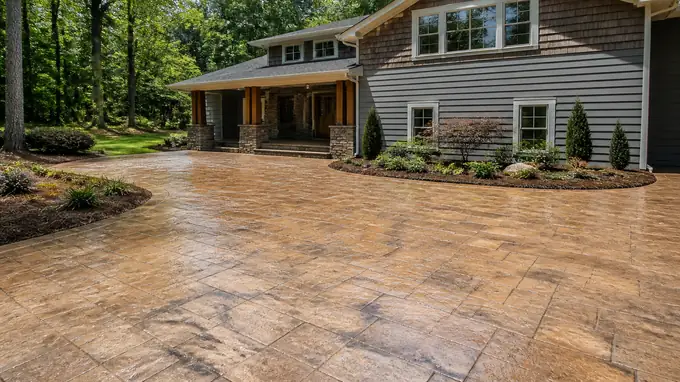 A finished stamped surface shows a glossy sealed sheen. at a grey split-level home in Sandy Springs, GA, in full afternoon sun.