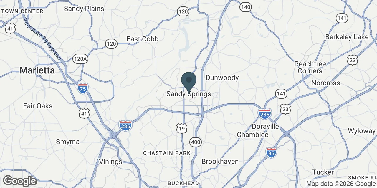Map of the Sandy Springs, GA service area covered by Sandy Springs Concrete Pros.