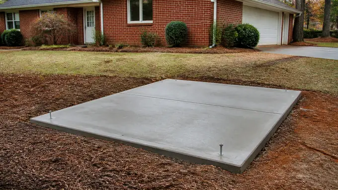 Small square concrete pad poured for a storage shed, anchor bolts set at a red-brick ranch home in Sandy Springs, GA, after a rain shower.