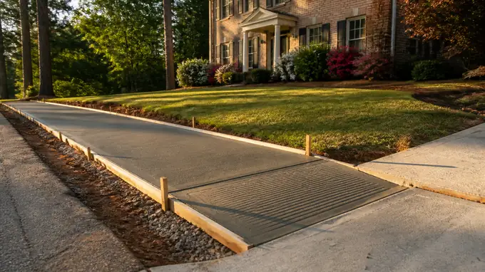 New concrete sidewalk being formed along a street with a driveway ramp at a tan-brick colonial in Sandy Springs, GA, in late afternoon light.