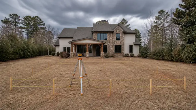 A contractor checks slope and drainage before work begins. at a stacked-stone and stucco home in Sandy Springs, GA, under a darkening storm sky.