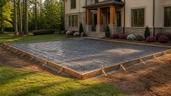 Concrete slab area formed and prepped, wire mesh set before the pour at a stacked-stone and stucco home in Sandy Springs, GA, in late afternoon light.