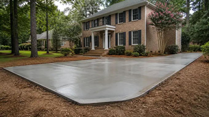 A hand sprayer applies curing compound to a finished patio. at a tan-brick colonial in Sandy Springs, GA, under an overcast sky.