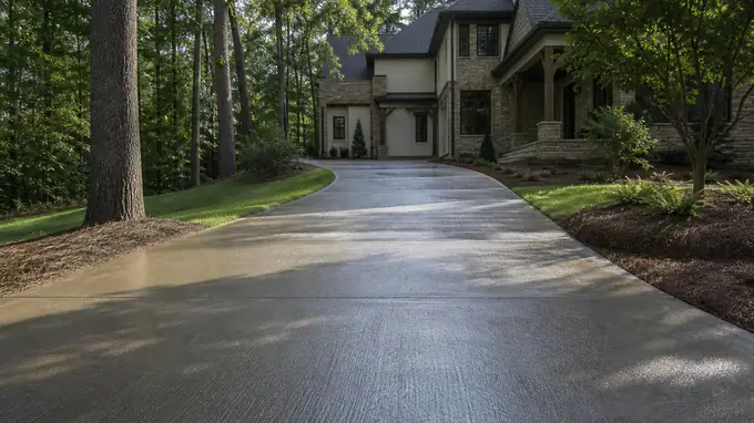 A sprayer applies sealer across a driveway. at a stacked-stone and stucco home in Sandy Springs, GA, under low winter sun.