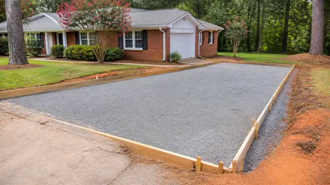 Crushed stone base is raked level inside driveway forms. at a red-brick ranch home in Sandy Springs, GA, under bright midday cloud.