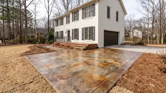 Acid-stained concrete patio in mottled earth tones at a painted-white-brick two-story home in Sandy Springs, GA, under bright midday cloud.