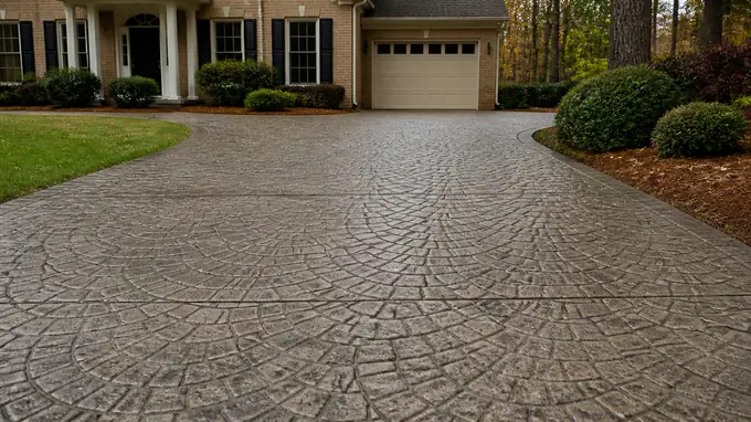 Stamped concrete driveway in a fan-set cobblestone pattern at a tan-brick colonial in Sandy Springs, GA, after a rain shower.