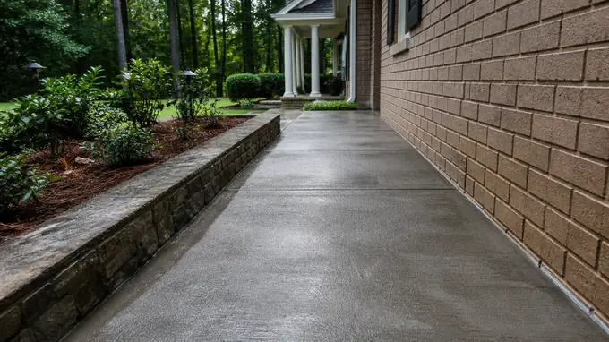 stamped concrete installation completed by a local contractor at a tan-brick colonial in Sandy Springs, GA, after a rain shower.