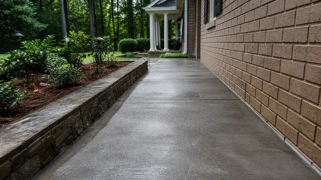 stamped concrete installation completed by a local contractor at a tan-brick colonial in Sandy Springs, GA, after a rain shower.