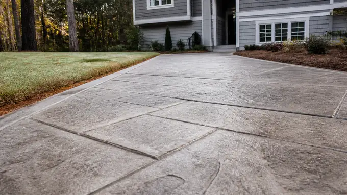 Close-up of stamped concrete texture and hand-tooled joint lines at a grey split-level home in Sandy Springs, GA, in early morning light.