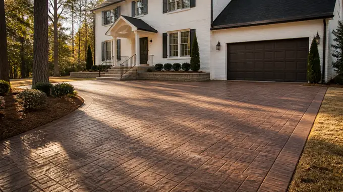Stamped concrete patio in a running-bond brick pattern at a painted-white-brick two-story home in Sandy Springs, GA, in late afternoon light.