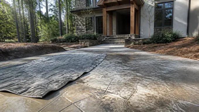 Stamping mats are pressed into a patio surface to imprint a pattern. at a stacked-stone and stucco home in Sandy Springs, GA, under low winter sun.