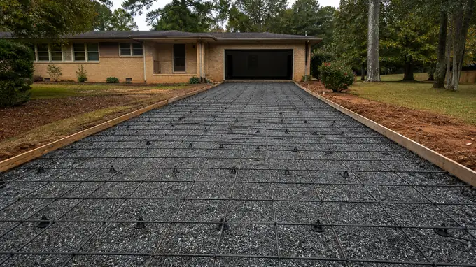 A worker ties rebar into a grid before a residential pour. at a buff-brick ranch home in Sandy Springs, GA, after a rain shower.