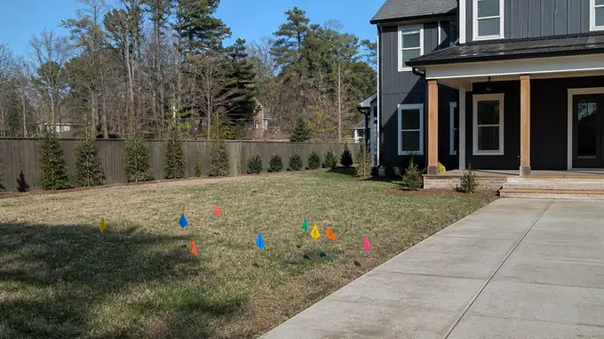 Utility flags mark buried lines before digging starts. at a charcoal farmhouse-modern home in Sandy Springs, GA, in full afternoon sun.