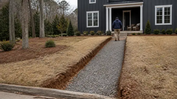 Front walkway removed and the trench squared out for a new pour at a charcoal farmhouse-modern home in Sandy Springs, GA, under an overcast sky.