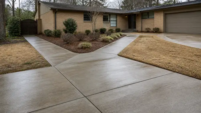 Concrete walkways connecting a driveway, front door and side gate at a buff-brick ranch home in Sandy Springs, GA, after a rain shower.