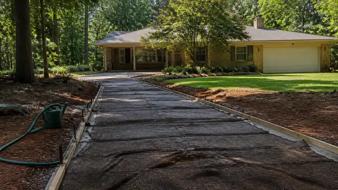 Damp burlap covers a small slab section during curing. at a buff-brick ranch home in Sandy Springs, GA, in raking morning side light.