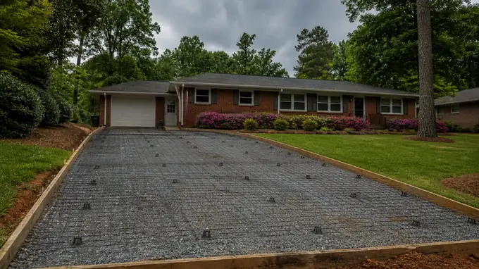 Wire mesh is unrolled across a driveway base before pouring. at a red-brick ranch home in Sandy Springs, GA, under a darkening storm sky.