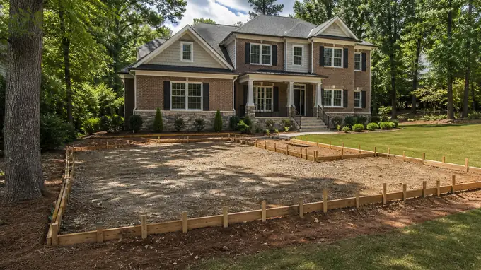 Wooden forms outline a patio slab before the pour. at a brick-and-siding two-story home in Sandy Springs, GA, under broken cloud.